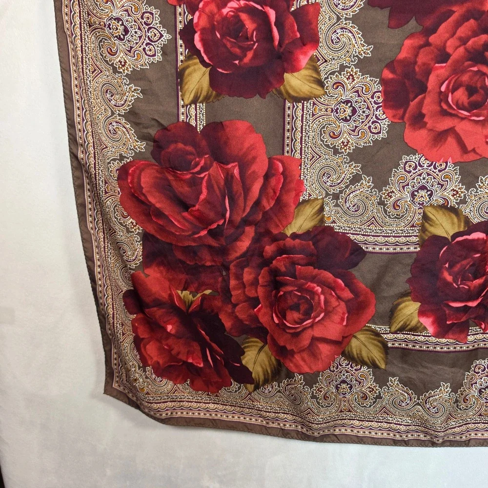 Oscar Scarf Womens 34x34 Brown Red Rose Floral Paisley Romantic Cottagecore